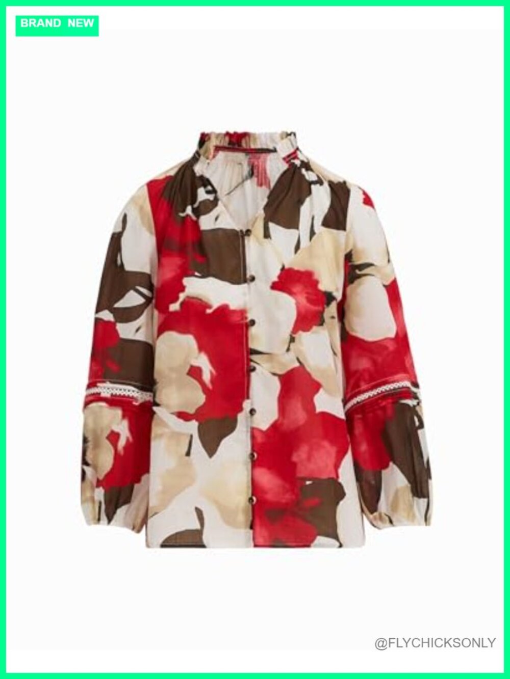 Ruffle Neck Button Front Printed Crepe Blouse - Gathered Sleeve